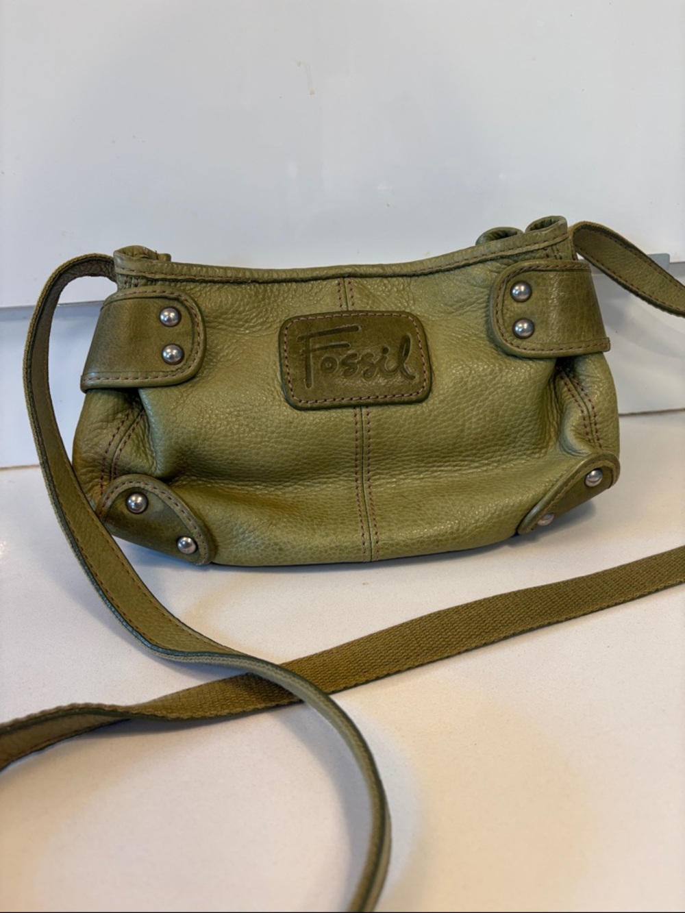 Y2K Fossil Olive Green Pebble Leather Crossbody with Stud Details